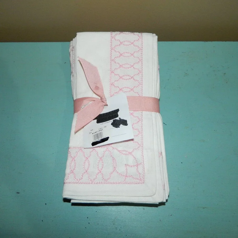 Williams Sonoma Embroidered Border Dinner Napkins Pink